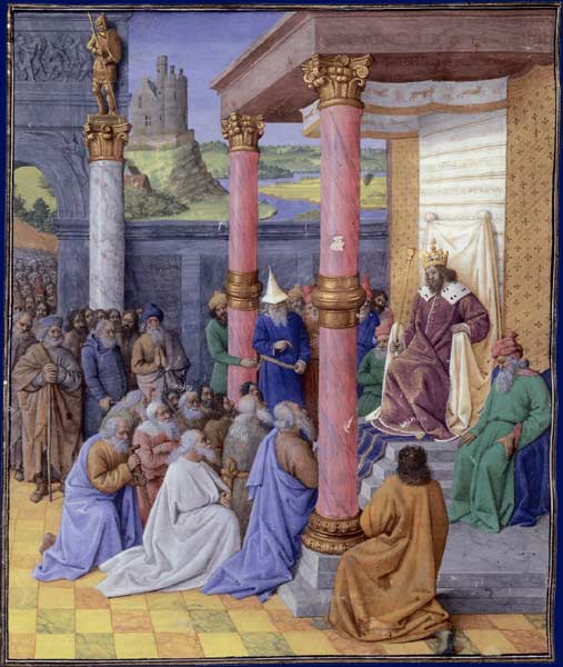 Ciro el Grande permite que los peregrinos hebreos regresen a la Tierra de Israel y reconstruyan Jerusalén, pintura de Jean Fouquet alrededor de 1470
