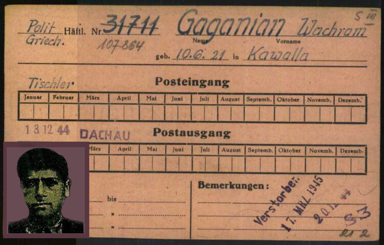 Un documento alemán que registra a Vahram Gaganian (Fuente: Archivos de Arolsen). Fue deportado a Alemania y murió en el campo de concentración de Dachau, el 21 de febrero de 1945.