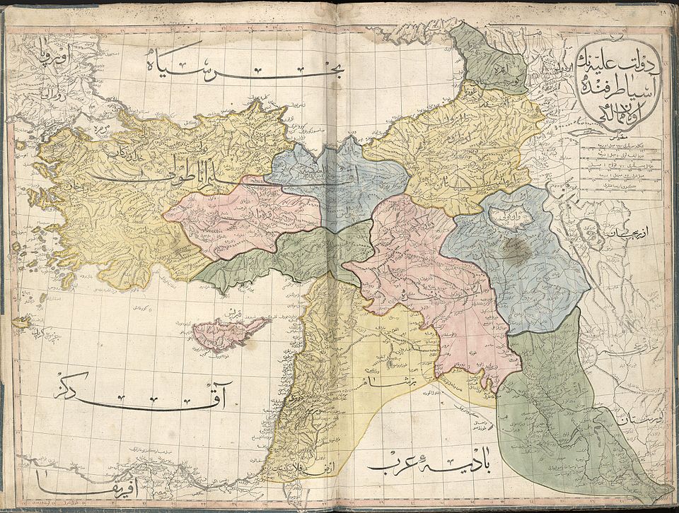 Mapa de 1803 del Atlas Cedid, el primer atlas musulmán, que muestra el Kurdistán en azul.